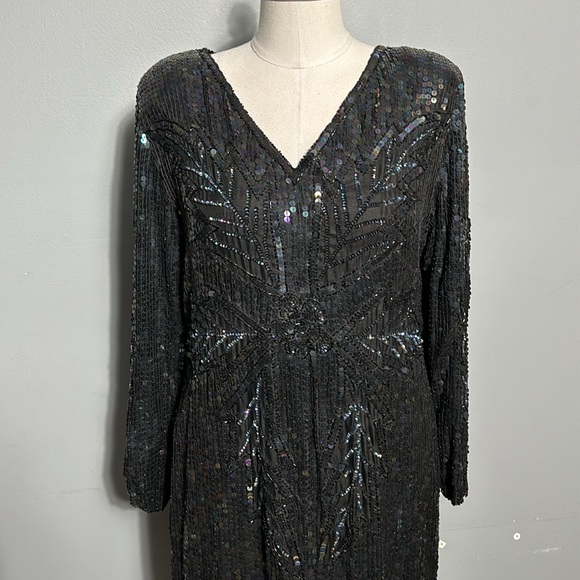 Vintage Silk Sequeen Black Midi Dress with Silk Lining w Slit Made in India M- L - Picture 3 of 17